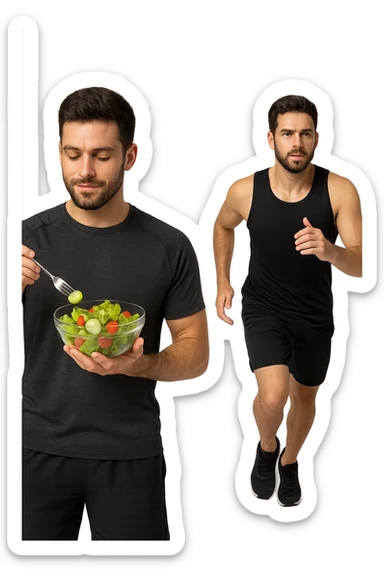 UOMO FITNESS CHE MANGIA INSALATA ACCANTO A UOMO FITNESS CHE CORRE IN POSA FRONTALE sticker