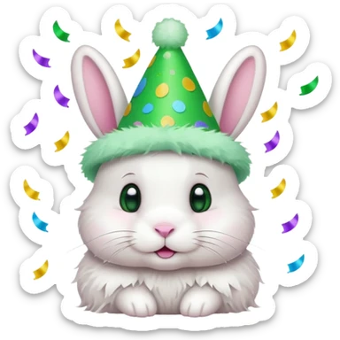 Rabbit in Green Party Hat – white bunny with cone party hat and confetti. sticker