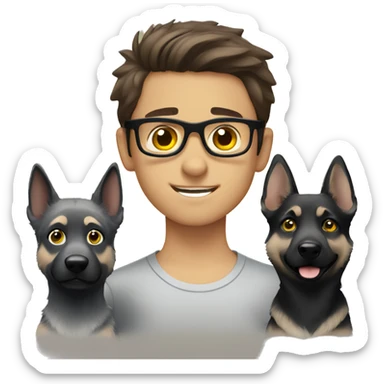 a boy with brown hair, black glasses and grey eyes with the grey german shepherd with yellow eyes sticker