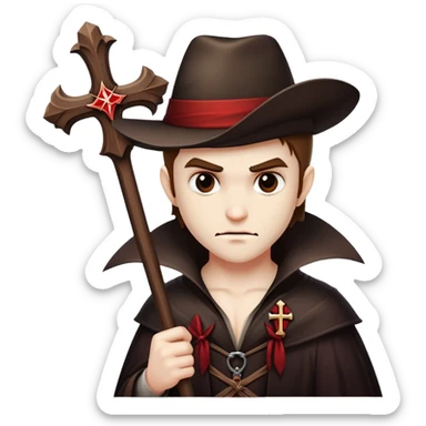 Vampire hunter with wooden stake and cross, ready to fight sticker