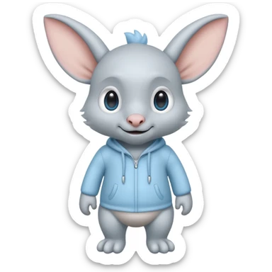 full body ...it has 1 eye....stands upright and looks intelligent ...wears clothing. is light grey and light blue..looks happy and cuddly... doesnt have eyes on face,remove the 2 eyes on face. . there is a appendage coming from top of head with a single large e sticker