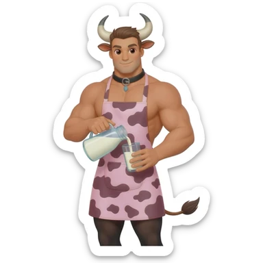 extra large muscular handsome man in the collar with bull horns and and bull ears bull tail in black stokings dressed in cute apron with pink cow print pouring milk from a glass sticker