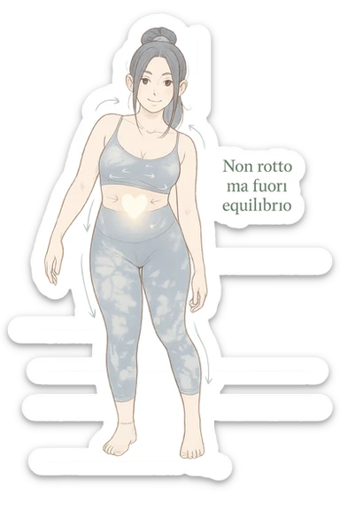 stile manga a woman stands in a relaxed pose, with a gentle, confident expression. Her body is shown with subtle, curved lines or arrows indicating areas of imbalance (such as a slight tilt in the shoulders or hips), but no signs of injury or damage. A soft glow or heart symbol at her core emphasizes resilience and the message “Non rotto, ma fuori equilibrio” The background is clean and clinical, with light blue tones. sticker