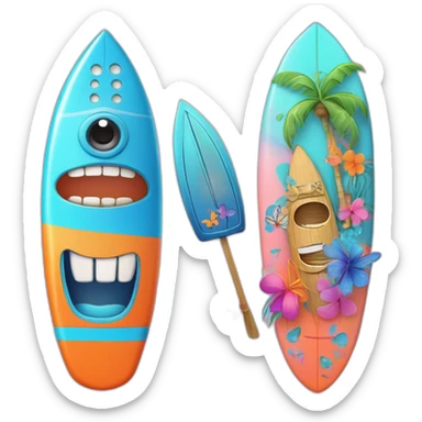 A surfboard Cartoon Blue and orange tiki smiling with butterfly and and Cartoon Blue and pink tiki singing with butterfly and mikrophone sticker