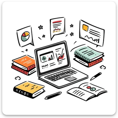 Academic research workspace with an open laptop showing data, scattered books and papers, and a pie chart and line graph. Hand-drawn doodle style with colorful data visualizations and book covers. sticker
