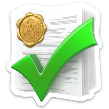 "A high-quality 3D icon of a stack of official documents with a golden wax seal and a large green glossy checkmark floating in front. Professional lighting, isometric view, claymorphism style, soft shadows, blue and white color palette." sticker