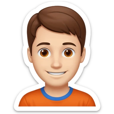 male, white skin, brown hair, brown eyes, orange and blue shirt sticker