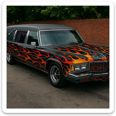 a hearse car with flames and custom paint sticker