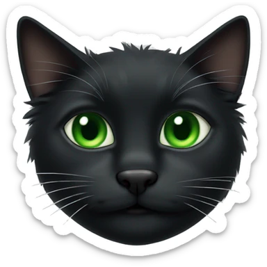 Fluffy black cat with green eyes a black nose and white whiskers sticker