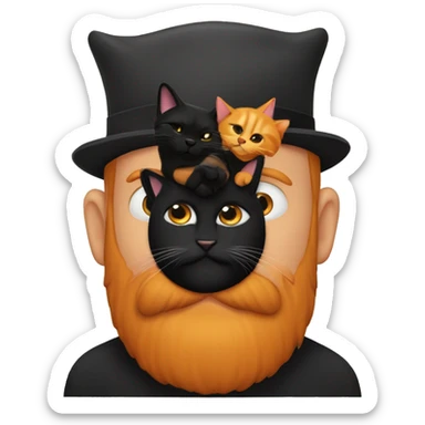 Orange and black cat sitting on bearded mans head sticker
