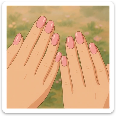 pink cute press on nails on cute hands, ghibli style, charming and whimsical, soft lighting sticker