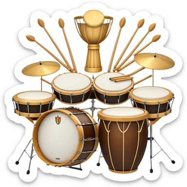 Create a complex, festive, and professional emblem-like emoji representing percussion instruments. The design should resemble a heraldic crest, featuring iconic drums and percussion such as a snare drum, bass drum, timpani, cymbals, marimba, and tambourine, arranged in a balanced and symmetrical composition. Drumsticks should cross elegantly at the center, symbolizing rhythm and energy. A flowing ribbon of musical notes should weave dynamically around the instruments, enhancing the celebratory and grand aesthetic. Ornate elements such as laurel wreaths, swirls, or subtle engravings should emphasize the prestige and importance of percussion in music. The color palette should include rich gold, deep mahogany, and silver, with refined highlights and shading for a polished, three-dimensional effect. The overall composition should be harmoniously structured, visually complete, and suitable as a standalone emblem. The background should be transparent. sticker
