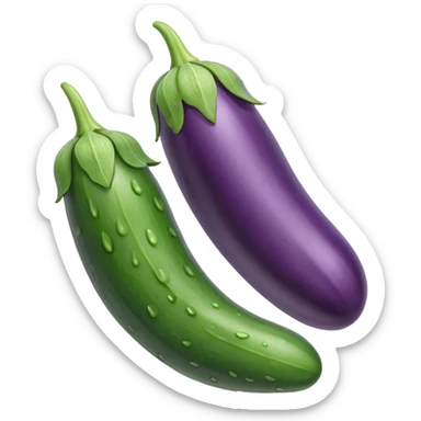Detailed dripping wet long cucumber shaped eggplant with two small round eggplants attached underneath  sticker