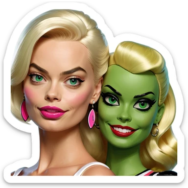 A combination of Margot Robbie as Barbie and Harley Queen (half-face) sticker