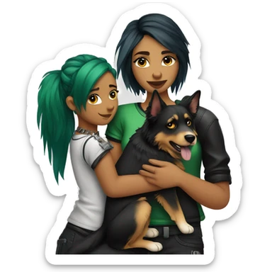 punk girl with green and black hair hugging a german shepard dog and an australian shepard dog sticker