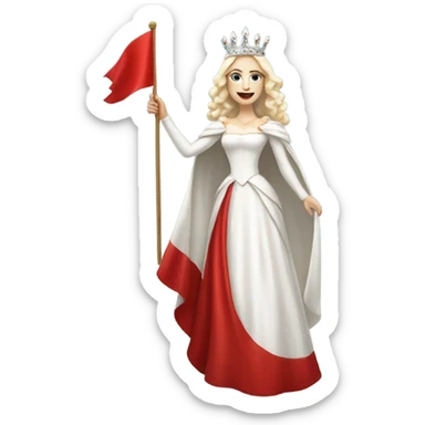 Beautiful white queen waving and holding a red flag sticker