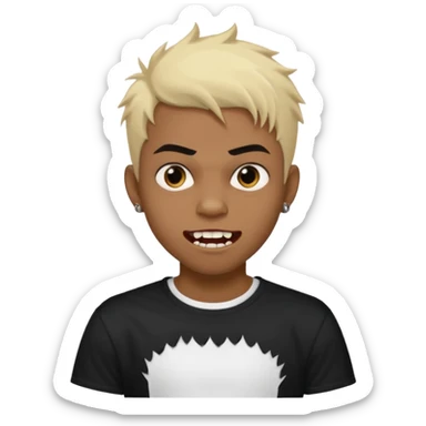 Black Male Teenager with Short punk messy blonde hair, Dark brown bushy eyebrows large expressive golden-brown eyes, wearing a plain white t-shirt, Dark Brown skin color. vampire tooth sticker
