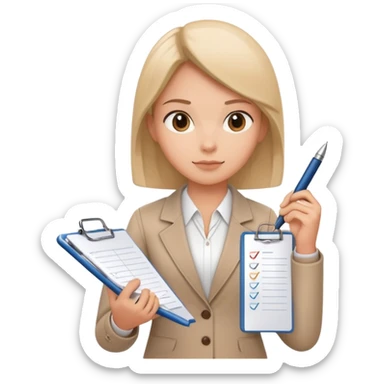 a person holding a checklist and pen, wearing smart casual clothing. The character is in a focused pose sticker