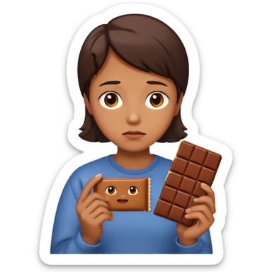 sad person emoji in Apple style holding a chocolate bar in hand, sad facial expression, compact sticker