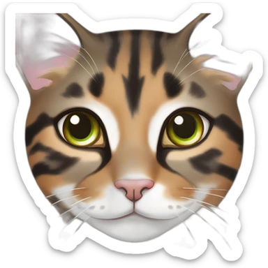 young striped calico cat face with a pink nose, white chin, green eyes, and orange/brown markings sticker