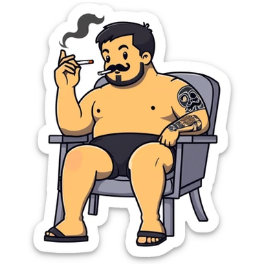 Heavy-set man leaning back in chair with legs spread, smoking cigarette, exposed belly, round face, short black hair, beard with mustache, black t-shirt with light stripes on top portion, sleeves rolled up, black shorts, arms decorated with distinct black graphic tattoo patterns sticker