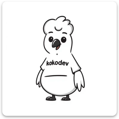 a cartoon pigeon with a t-shirt labeled 'kokodev', cheerful and simple sticker