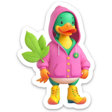 A duck wearing a pink hoodie with green buttons, yellow boots, and a green leaf on its chest. sticker