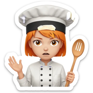 girl, Short orange hair, angry, wearing chef uniform and chef hat sticker