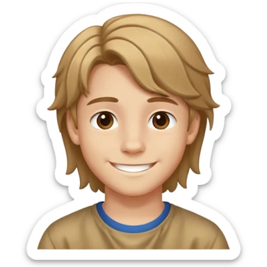 Teen boy with light complexion, brown curtain hair, middle part hairstyle, smiling face, 14 years old sticker