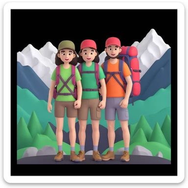 back packer couple posing, mountains in background,   close up pose sticker