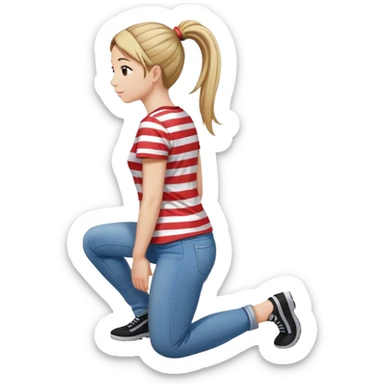 young woman with ponytail wearing jeans and striped t-shirt kneeling viewed from behind sticker