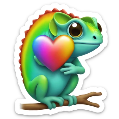 chameleon holding rainbow heart sticker