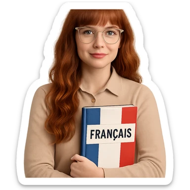 redhead woman with long wavy hair and bangs, cat-eye clear-framed glasses, blue eyes, French teacher, holding a book sticker