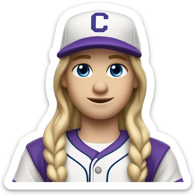 baseball card character. Dirty blonde long straight hair. blue eyes.  letter C logo. Purple and white uniform.  sticker