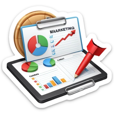 An icon featuring a pie chart, a clipboard with a checklist, and a megaphone, symbolizing management and marketing. The design includes upward-trending graphs and a target with an arrow, representing strategy and success. Transparent background highlights business organization and promotion. sticker