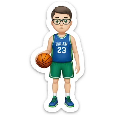 Full Body overweight white male with dark short spike hair basketball player wearing glasses wearing blue green uniform sticker