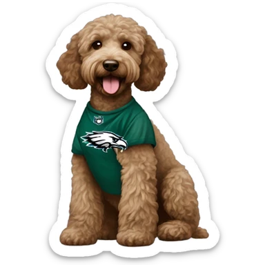  brown Labradoodle wearing a Philadelphia eagles shirt and a heart  sticker