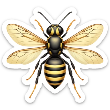 Beautiful and Majestic Wasp Portrait Emoji, Head and body rendered in serene repose with a gentle, confident smile, showcasing a refined, streamlined form with delicately patterned stripes and softly closed, focused eyes, Simplified yet exquisitely endearing features, highly detailed, glowing with a soft, drowsy radiance, high shine, relaxed and utterly noble, stylized with an air of regal insect elegance, soft glowing outline, capturing the essence of a beautiful and majestic wasp that embodies the refined power of nature! sticker