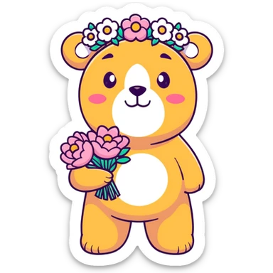 bear with a big flower crown, holding a bouquet, May Day festival, bright spring colors sticker
