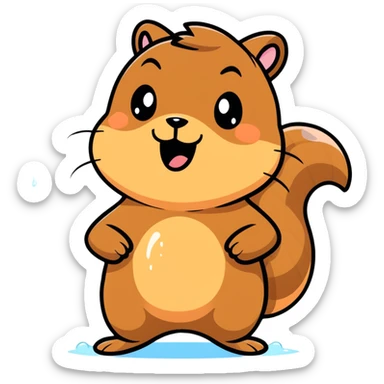 Cartoon squirrel with light brown fur, pointy ears, bushy tail, chubby cheeks with a large puddle of drool dripping from wide open mouth, extremely hungry sticker