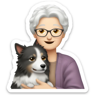 grandma with blonde short hair hugs japanese spitz dog sticker
