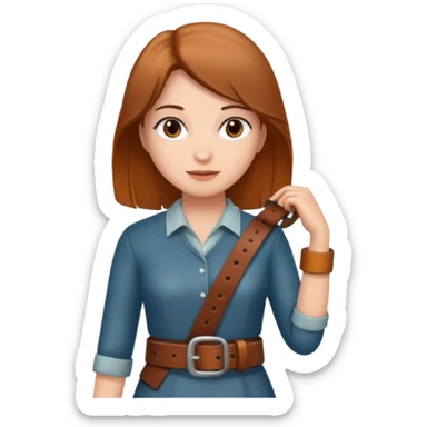 A woman holding a belt sticker