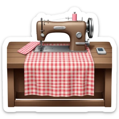 Hyperrealistic, handmade skirt, with a Gingham pattern print, laying across a table, with sowing machine, still life render, mirco-detailed, cottagecore sweet romantic vibe sticker