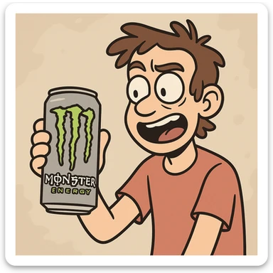 a hand holding a Monster energy drink can, cartoon style sticker