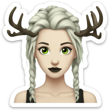 Portrait of a woman with pale skin, green eyes, black dreadlocks, eyeliner, deer antlers, punk, grunge sticker
