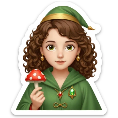 very beautiful italian girl, hazelnut brown eyes, looking like Emma Watson, with curly and big volume very bright brown hair, and a golden piercing ring in nose on left side, dressed in a beautiful wizard robe of green colors, holding red fly mushroom sticker