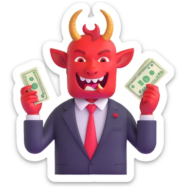 red devil with horns in business suit counting cash with greedy expression sticker