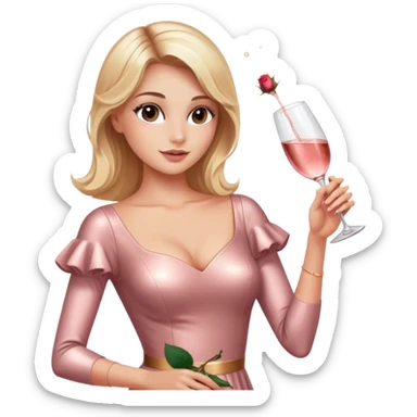 Pretty Blonde model, brown eyes, wearing a rose gold dress with sleeves, raising a bottle of rosé champagne sticker
