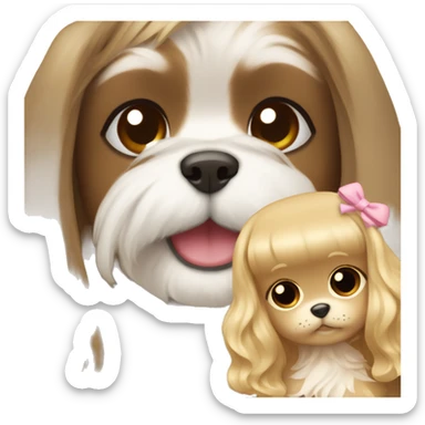 a girl with long, wavy brown hair hugging a Shih Tzu with blonde fur and a cute bow sticker