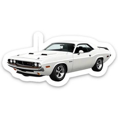 Pure white 1971 Dodge Challenger muscle car, completely white paint, no stripes, side angle view, minimalist Apple iOS emoji style, classic car from Death Proof movie sticker